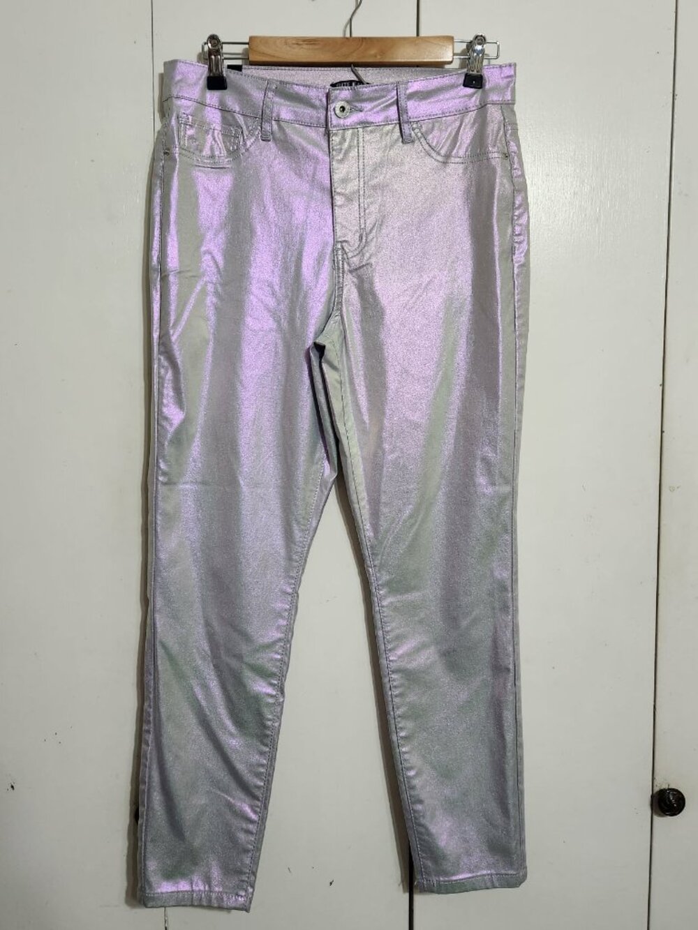 Elite Jeans Juniors L Metallic Iridescent Silver Purple Faux Pocket Jeggings Y2K